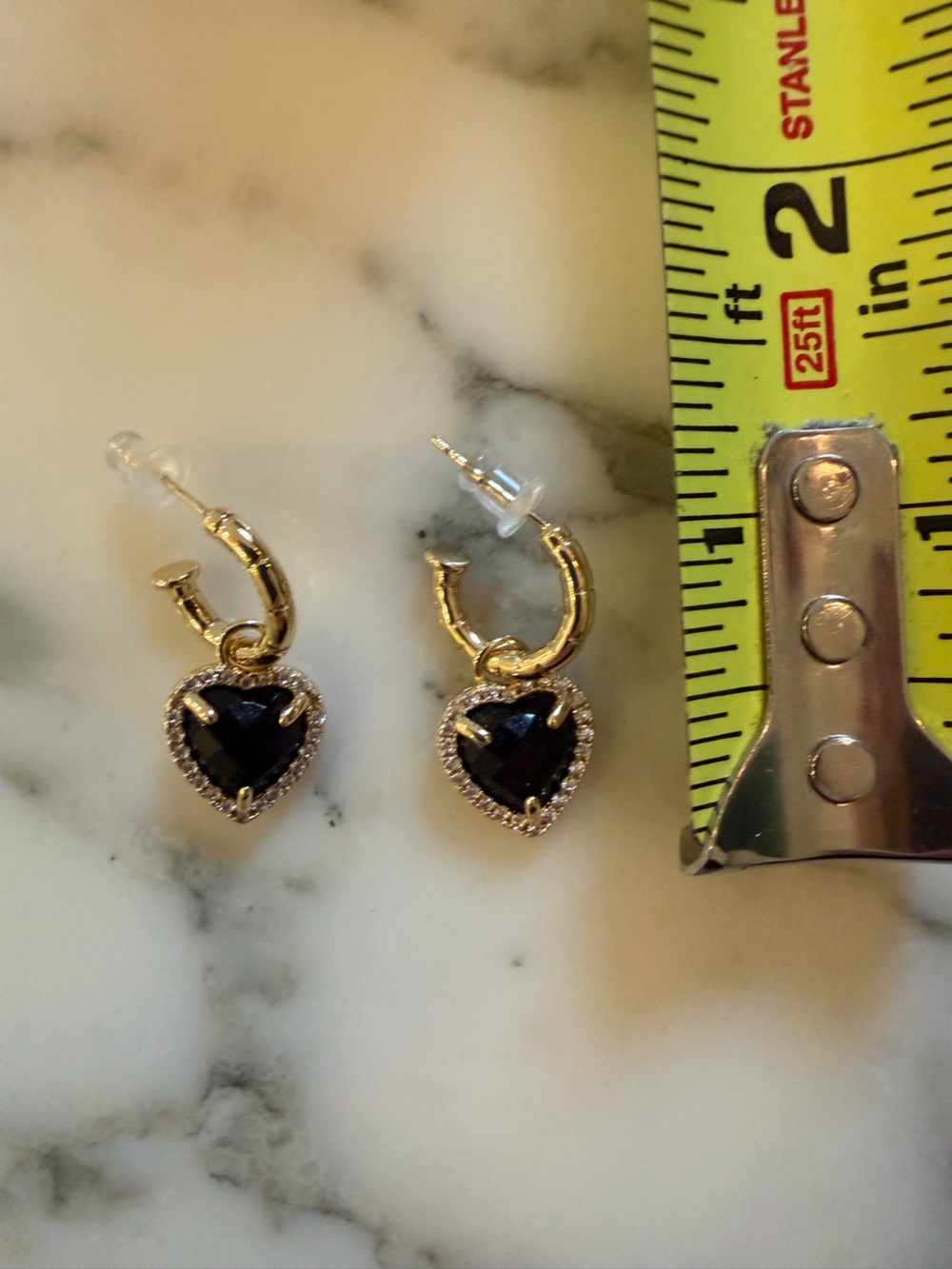 NWOT Gold Tone Black Crystal Heart Hoop Earrings | Rhinestone Dangle Mini Hoops - Picture 4 of 4